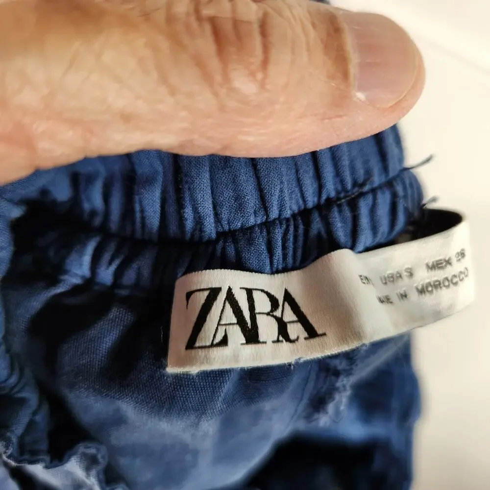 Zara Cropped Cargo Pants Womens Size Small Blue Lyocell Linen‎ Blend Altered Hem